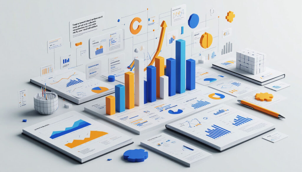 A 3D composition demonstrating the creation and impact of content marketing: texts, pages, and infographics illustrating the growth of engagement and the success of copywriting.