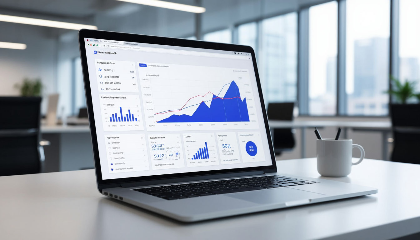 A modern office: a laptop with detailed SEO and digital marketing analytics on the screen is a symbol of DigitalCt's expert approach to business promotion in Dublin.