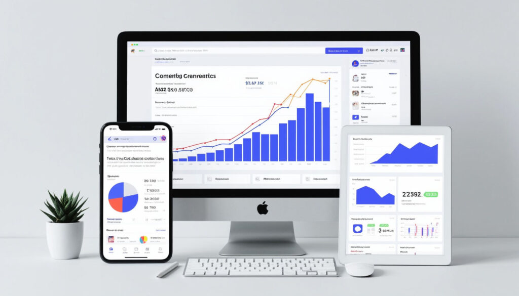 PPC campaign analytics: conversion growth charts are displayed on the monitor, and an advertising control panel is displayed on the smartphone.