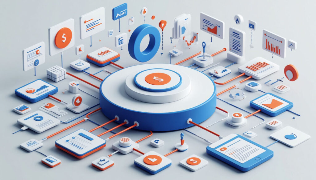 3D visualization of the SEO process, where the search engine is surrounded by keywords, meta tags and links. The elements show the growth of sites' positions in search results and the internal optimization structure.